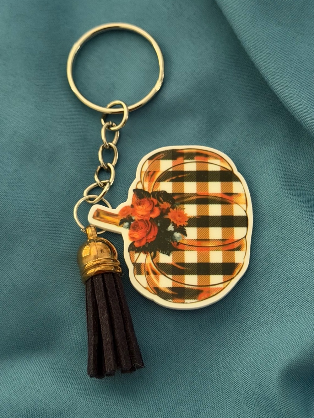 Plaid Pumpkin Floral Keychain with Tassel - Orange
